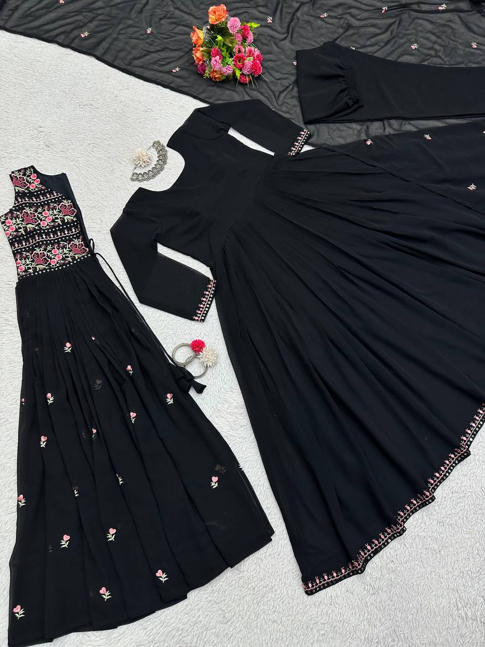 Trending Blck Color Georgette Sequence Work Ready Made Shrug Salwar Suit