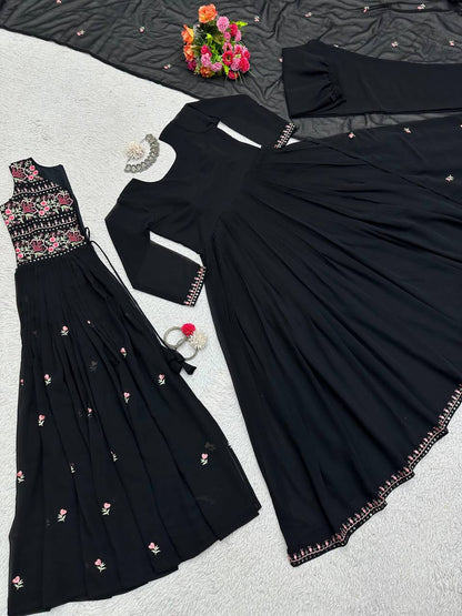 Trending Blck Color Georgette Sequence Work Ready Made Shrug Salwar Suit