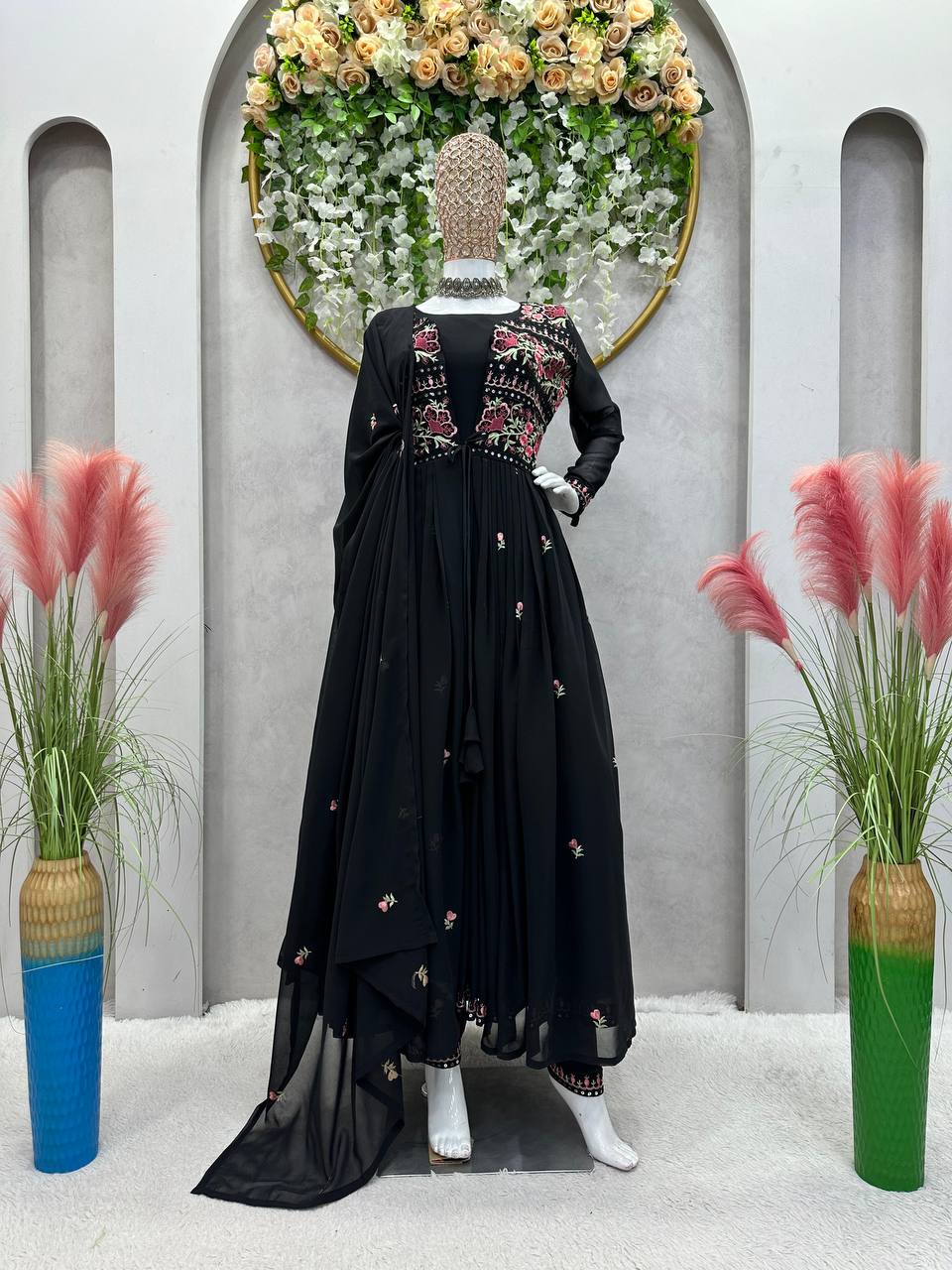 Trending Blck Color Georgette Sequence Work Ready Made Shrug Salwar Suit