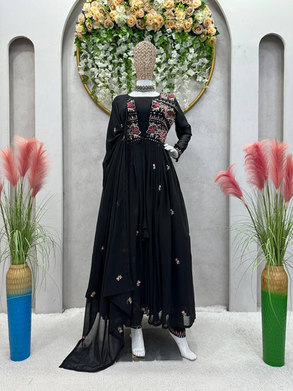 Trending Blck Color Georgette Sequence Work Ready Made Shrug Salwar Suit