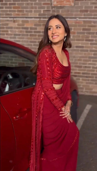 Party Wear Red Color Georgette Sequence Work Shrug Saree Blouse