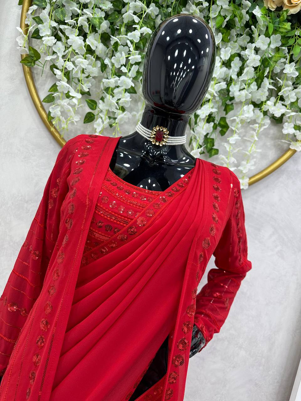 Party Wear Red Color Georgette Sequence Work Shrug Saree Blouse