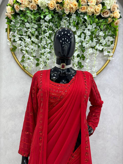 Party Wear Red Color Georgette Sequence Work Shrug Saree Blouse