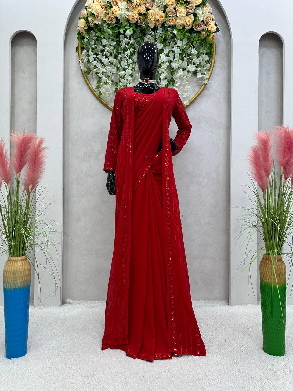 Party Wear Red Color Georgette Sequence Work Shrug Saree Blouse