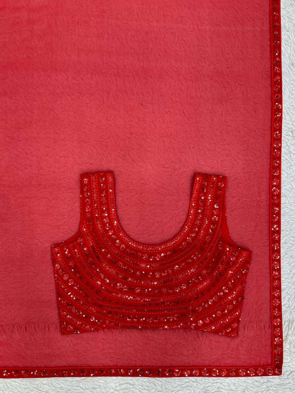 Party Wear Red Color Georgette Sequence Work Shrug Saree Blouse