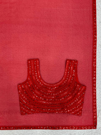 Party Wear Red Color Georgette Sequence Work Shrug Saree Blouse
