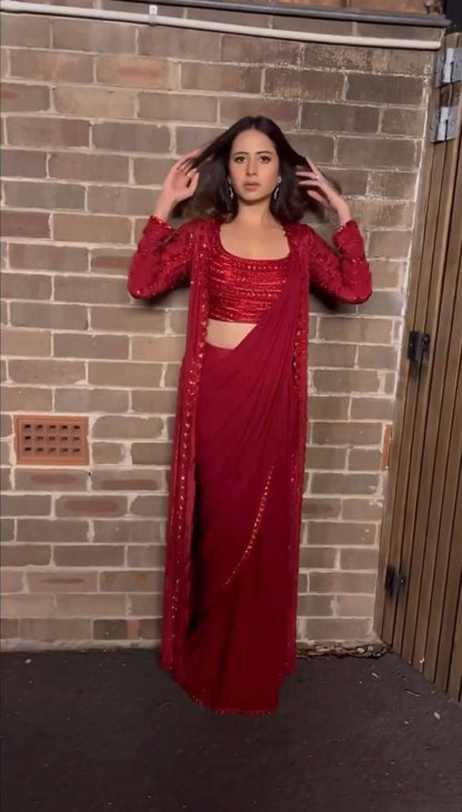 Party Wear Red Color Georgette Sequence Work Shrug Saree Blouse