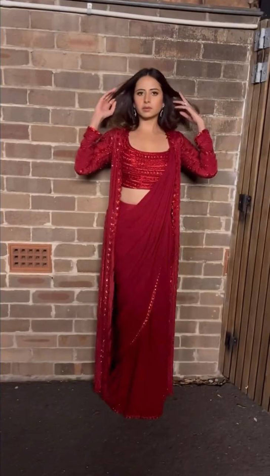 Party Wear Red Color Georgette Sequence Work Shrug Saree Blouse