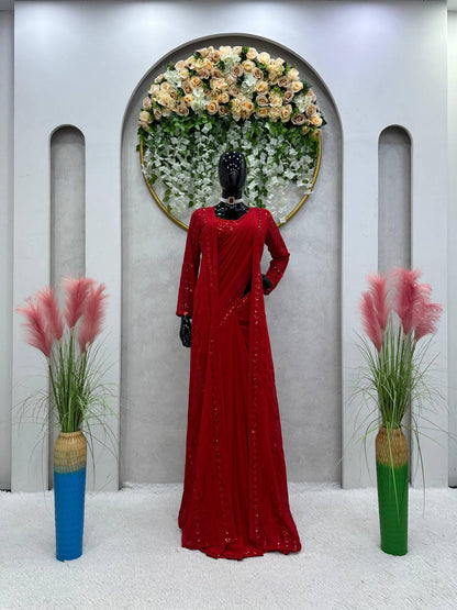 Party Wear Red Color Georgette Sequence Work Shrug Saree Blouse
