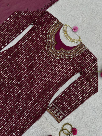 Graceful Wine Color Georgette MIrror Sequence Work Ready Made Salwar Suit