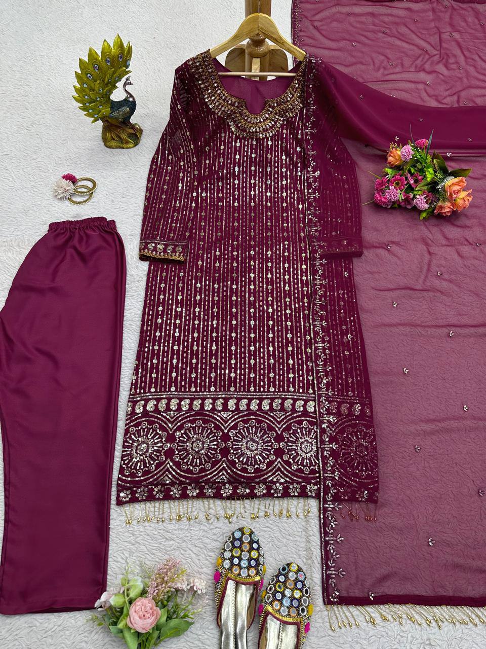 Graceful Wine Color Georgette MIrror Sequence Work Ready Made Salwar Suit