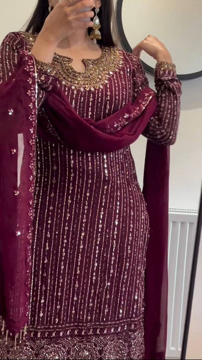 Graceful Wine Color Georgette MIrror Sequence Work Ready Made Salwar Suit