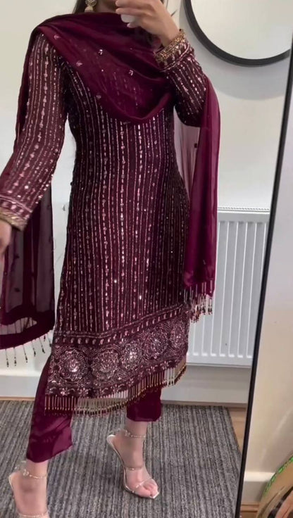 Graceful Wine Color Georgette MIrror Sequence Work Ready Made Salwar Suit