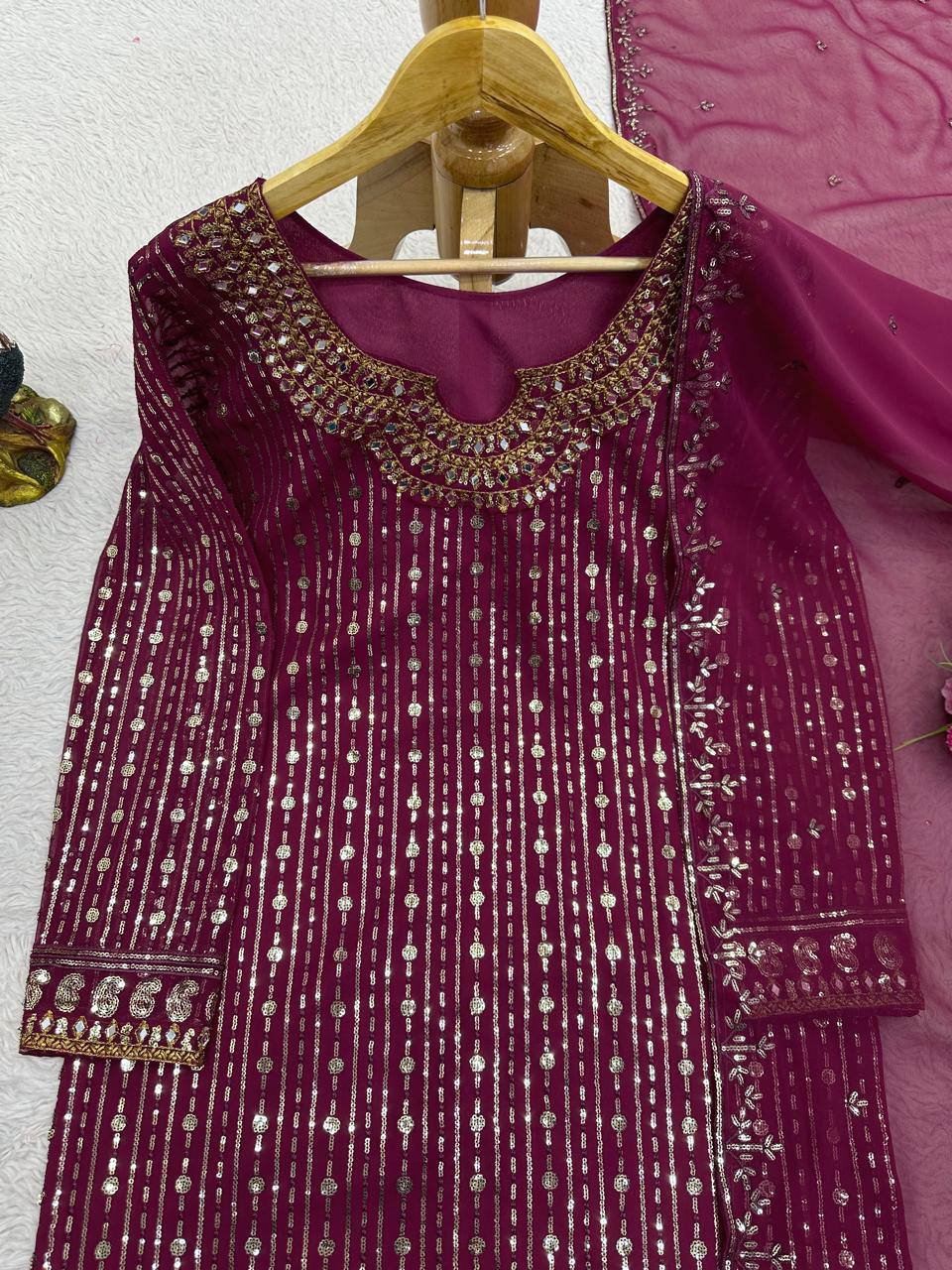 Graceful Wine Color Georgette MIrror Sequence Work Ready Made Salwar Suit