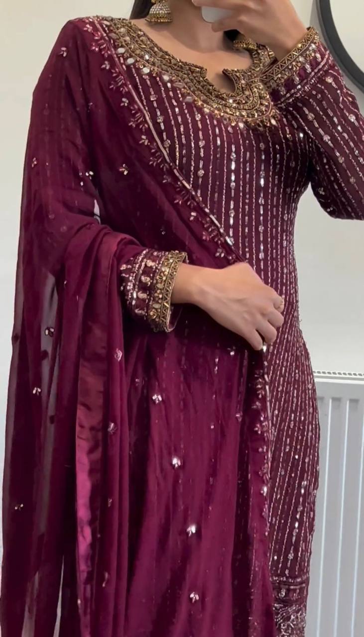 Graceful Wine Color Georgette MIrror Sequence Work Ready Made Salwar Suit