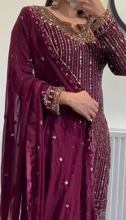 Graceful Wine Color Georgette MIrror Sequence Work Ready Made Salwar Suit