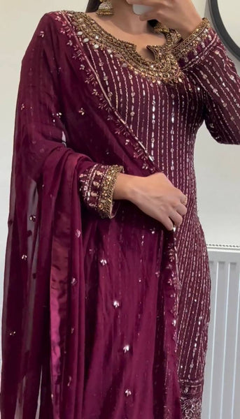 Graceful Wine Color Georgette MIrror Sequence Work Ready Made Salwar Suit