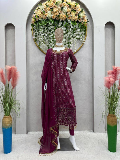 Graceful Wine Color Georgette MIrror Sequence Work Ready Made Salwar Suit