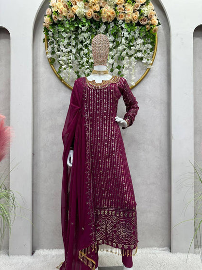 Graceful Wine Color Georgette MIrror Sequence Work Ready Made Salwar Suit