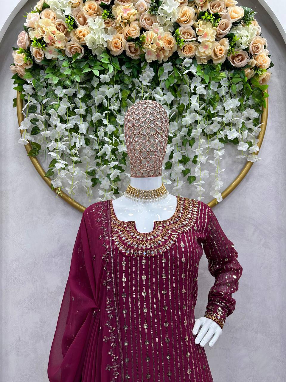 Graceful Wine Color Georgette MIrror Sequence Work Ready Made Salwar Suit