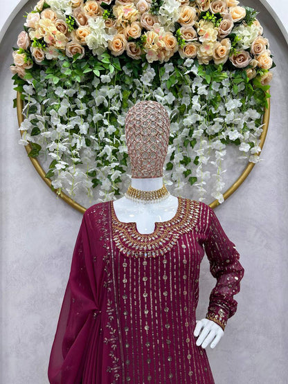 Graceful Wine Color Georgette MIrror Sequence Work Ready Made Salwar Suit