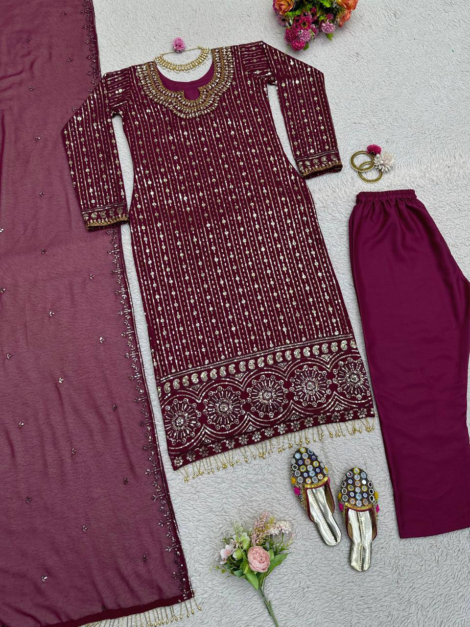 Graceful Wine Color Georgette MIrror Sequence Work Ready Made Salwar Suit