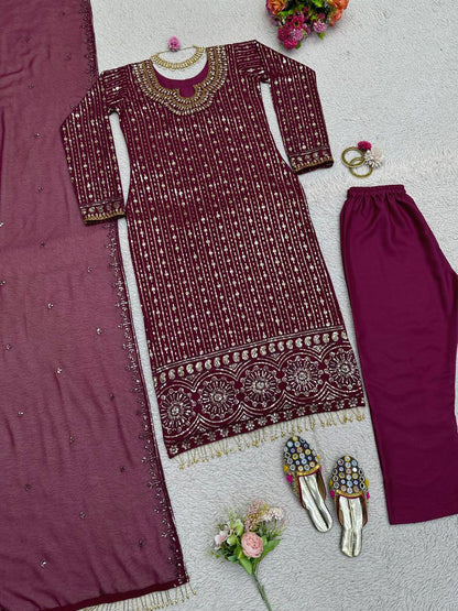 Graceful Wine Color Georgette MIrror Sequence Work Ready Made Salwar Suit
