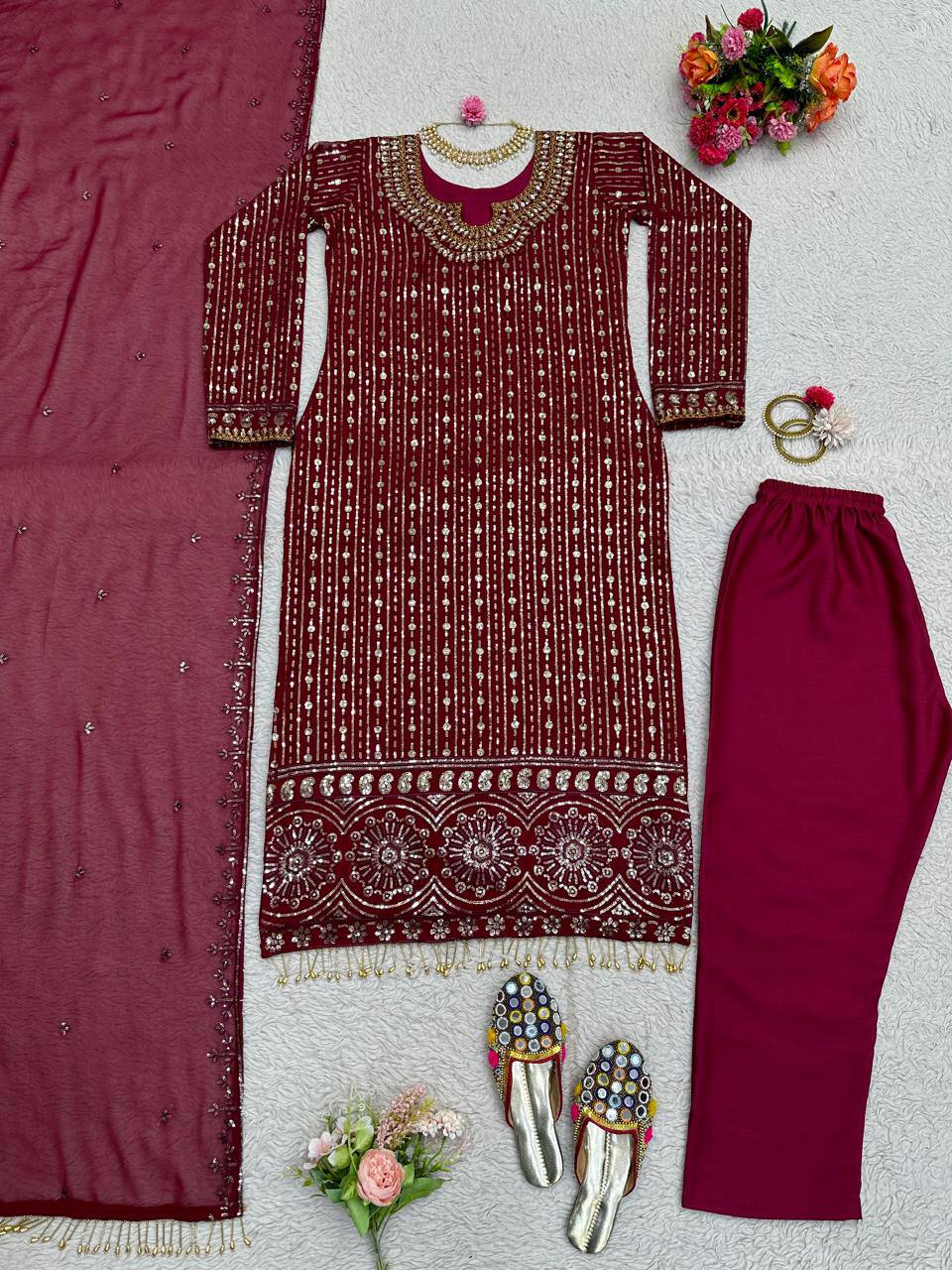 Graceful Wine Color Georgette MIrror Sequence Work Ready Made Salwar Suit