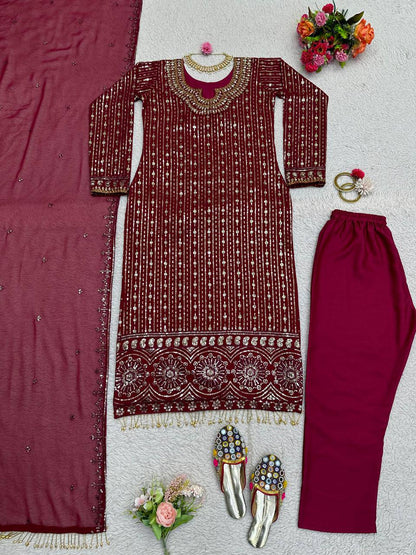Graceful Wine Color Georgette MIrror Sequence Work Ready Made Salwar Suit