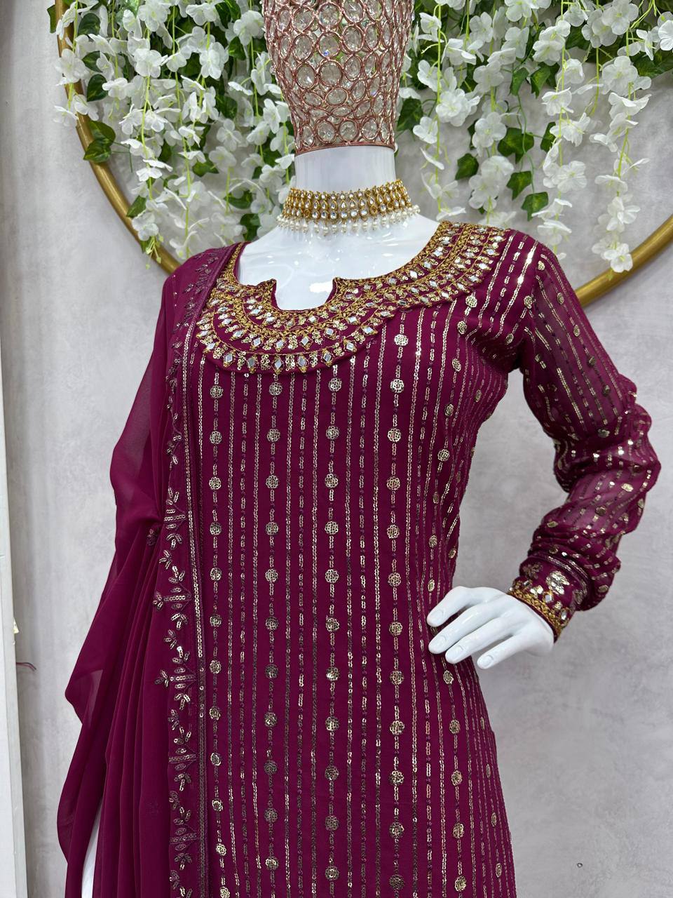 Graceful Wine Color Georgette MIrror Sequence Work Ready Made Salwar Suit