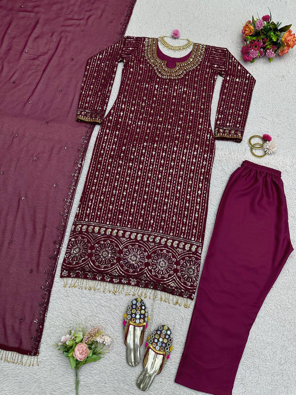 Graceful Wine Color Georgette MIrror Sequence Work Ready Made Salwar Suit