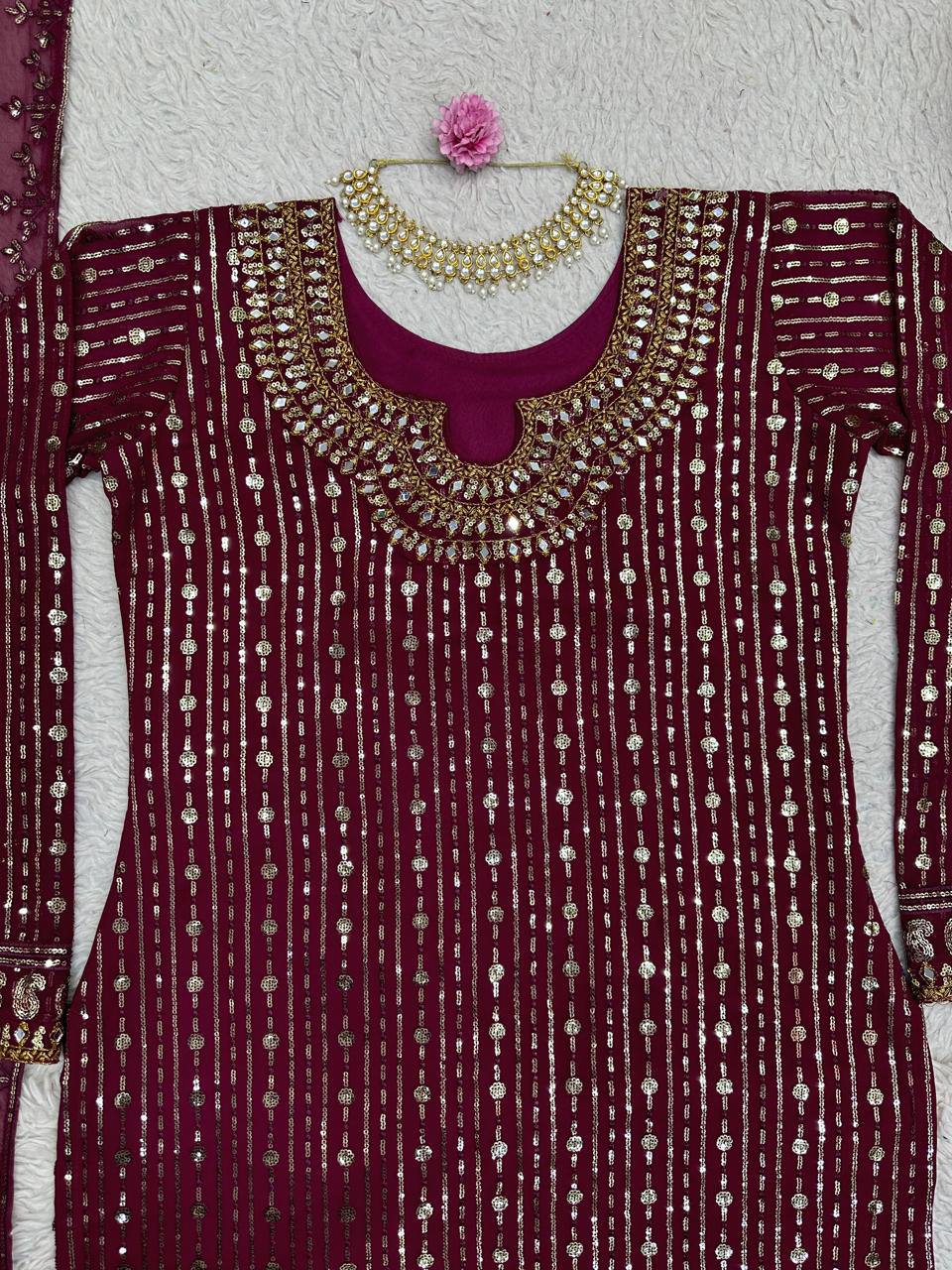 Graceful Wine Color Georgette MIrror Sequence Work Ready Made Salwar Suit