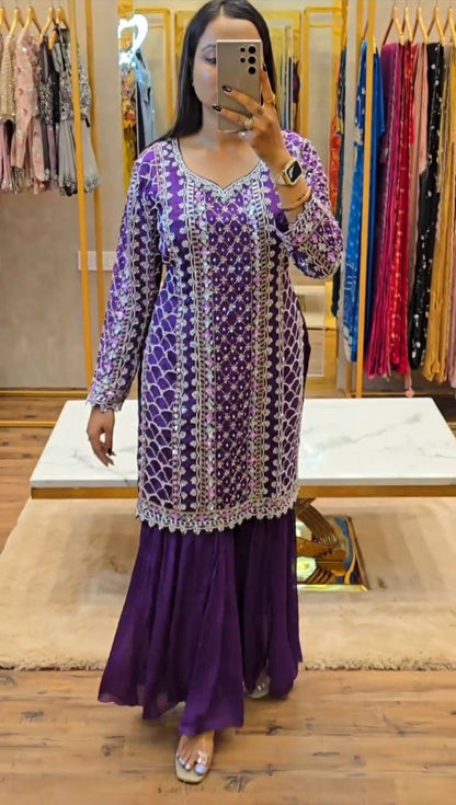 Exlusive Purple Color Chinnon Silk Sequence Thread Work Salwar Suit