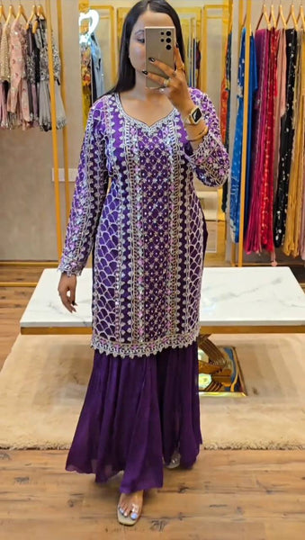 Exlusive Purple Color Chinnon Silk Sequence Thread Work Salwar Suit