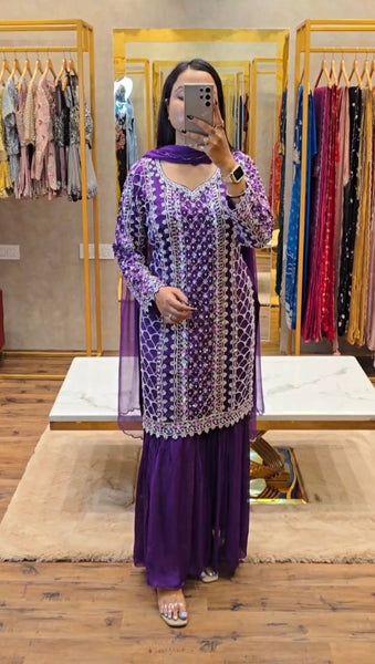 Exlusive Purple Color Chinnon Silk Sequence Thread Work Salwar Suit