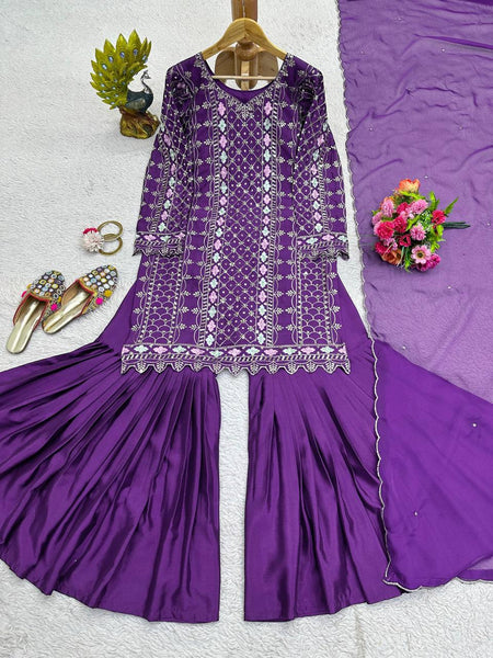 Exlusive Purple Color Chinnon Silk Sequence Thread Work Salwar Suit