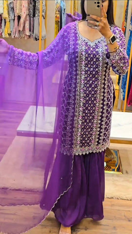 Exlusive Purple Color Chinnon Silk Sequence Thread Work Salwar Suit