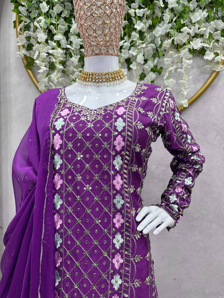 Exlusive Purple Color Chinnon Silk Sequence Thread Work Salwar Suit