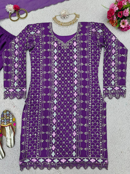 Exlusive Purple Color Chinnon Silk Sequence Thread Work Salwar Suit