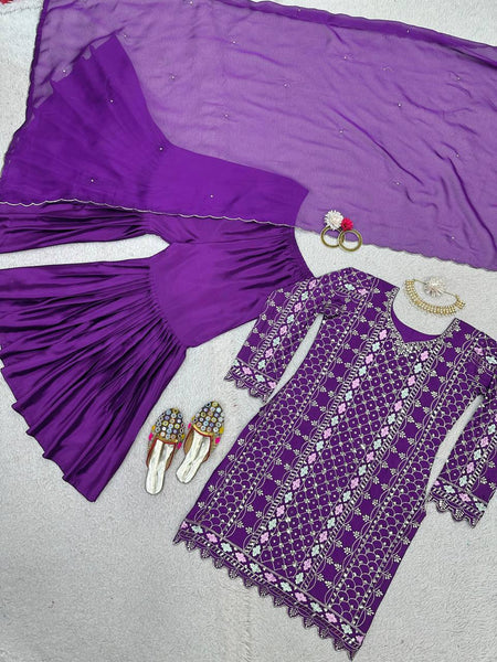 Exlusive Purple Color Chinnon Silk Sequence Thread Work Salwar Suit