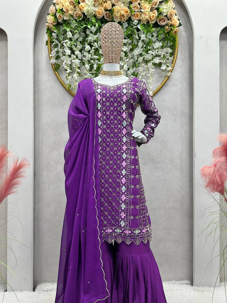 Exlusive Purple Color Chinnon Silk Sequence Thread Work Salwar Suit