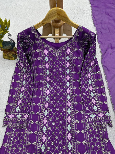 Exlusive Purple Color Chinnon Silk Sequence Thread Work Salwar Suit