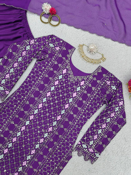 Exlusive Purple Color Chinnon Silk Sequence Thread Work Salwar Suit