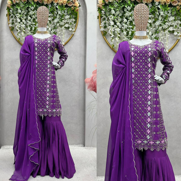 Exlusive Purple Color Chinnon Silk Sequence Thread Work Salwar Suit