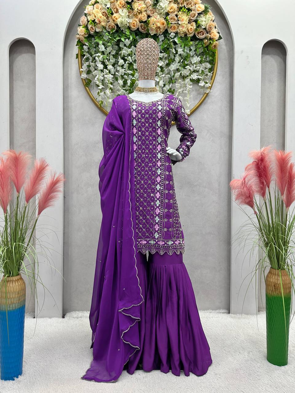 Exlusive Purple Color Chinnon Silk Sequence Thread Work Salwar Suit