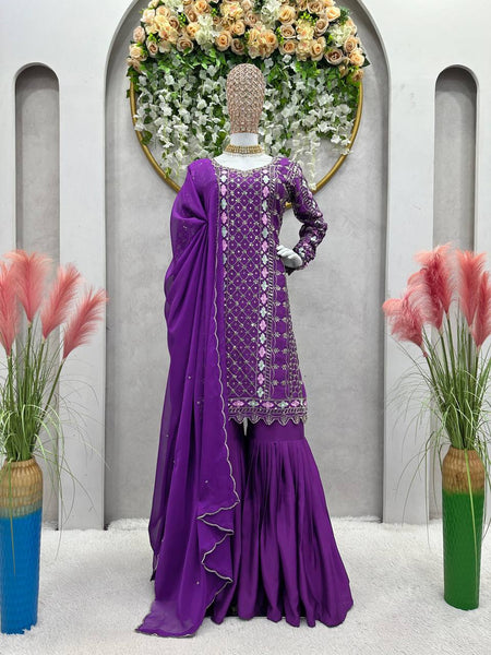 Exlusive Purple Color Chinnon Silk Sequence Thread Work Salwar Suit