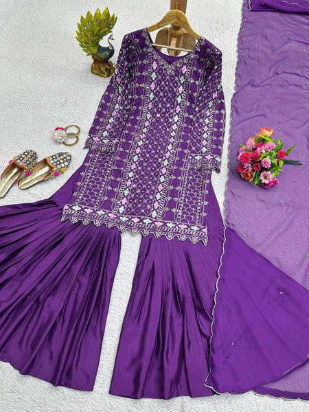 Exlusive Purple Color Chinnon Silk Sequence Thread Work Salwar Suit