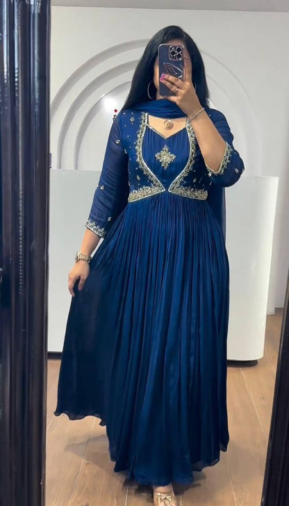 Beautiful Chinon Silk Sequence Work Gown Dupatta