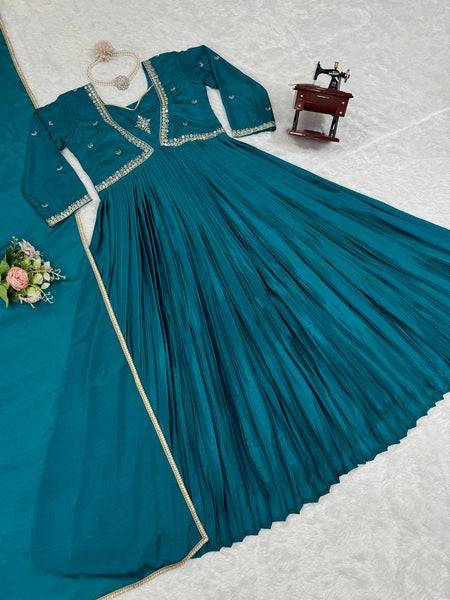 Beautiful Chinon Silk Sequence Work Gown Dupatta