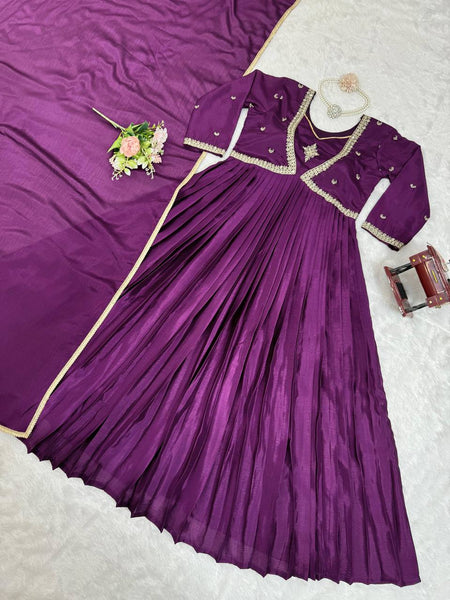 Beautiful Chinon Silk Sequence Work Gown Dupatta